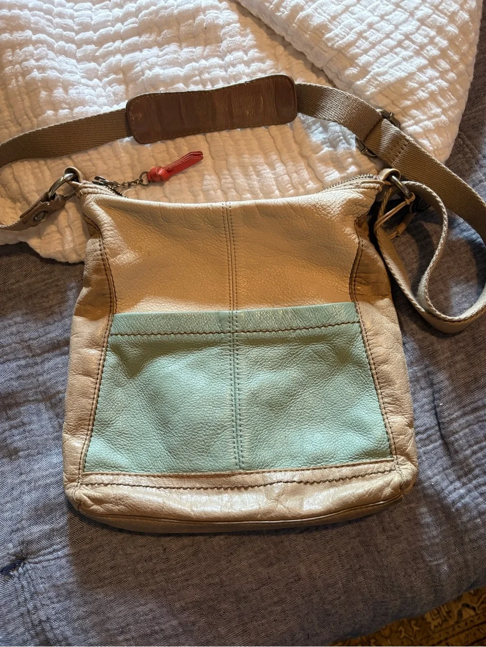 The Sak Beige and Sage Leather Crossbody Bag with Red Accent